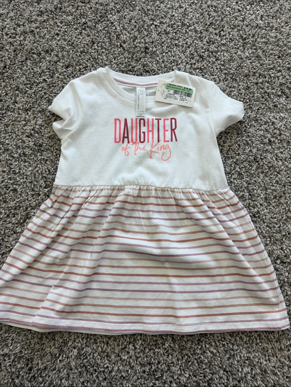 Rabbit Skins White Dress with Pink Script and Striped Skirt